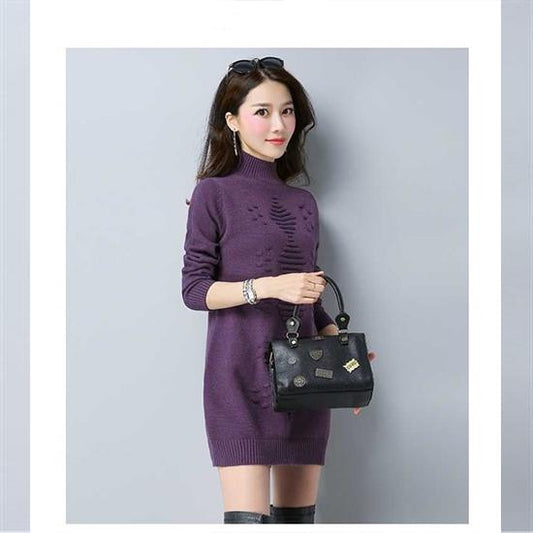 Women Winter Turtleneck Knitwear Dress Top Long Knitted Solid Color Thick Sweater Skirt