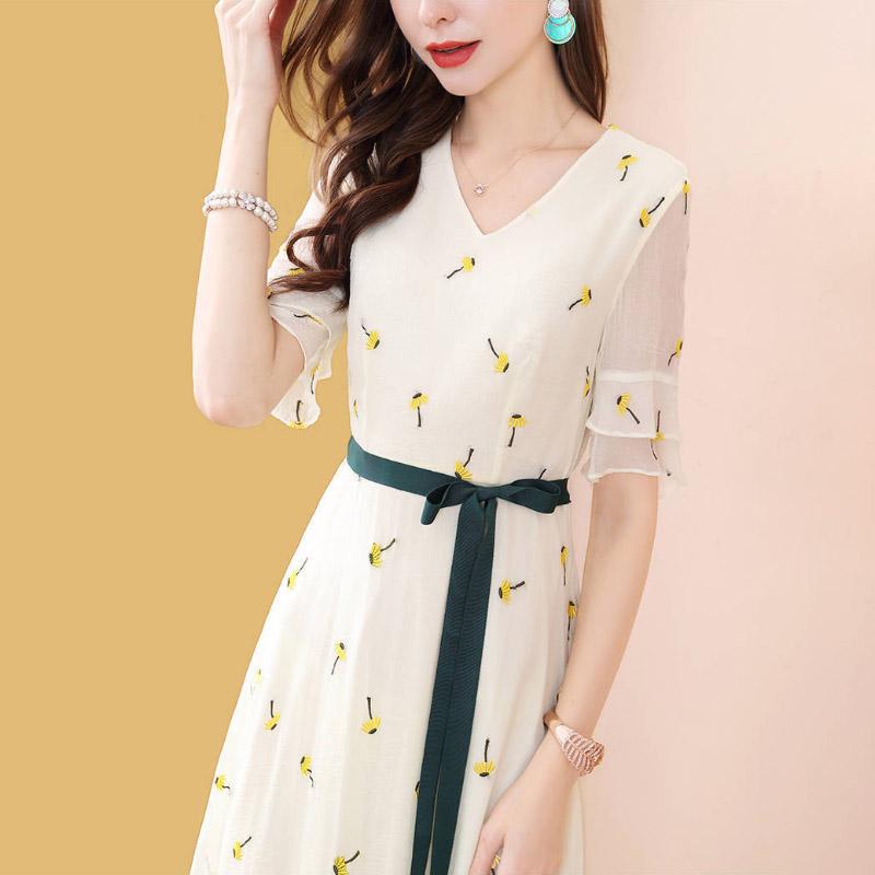 Women Spring Summer Cascading Ruffles Flower Print Dress V Neck Half Sleeve Knee Length Dress Female A Line Party Dress