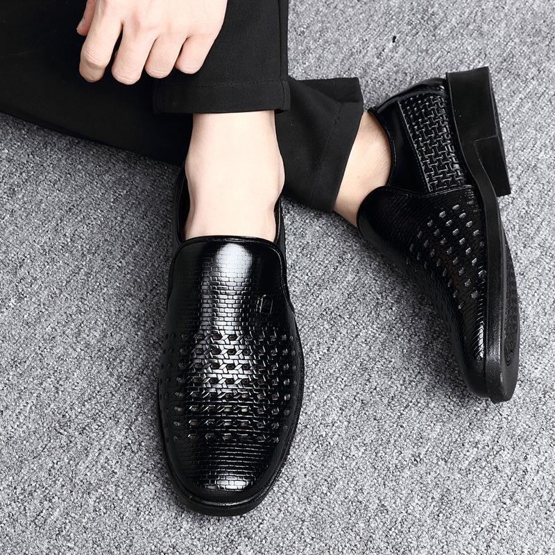 Leather Men Shoes Summer Hollow Breathable Oxfords Man Casual Shoes Slip on Formal Dress Shoes for Man