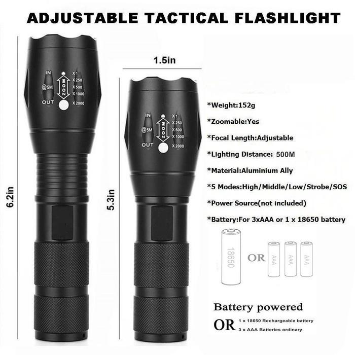 Portable LED Flashlight Multifunction Torch Zoomable 5-Mode Waterproof+18650 Battery+Charger+Kit