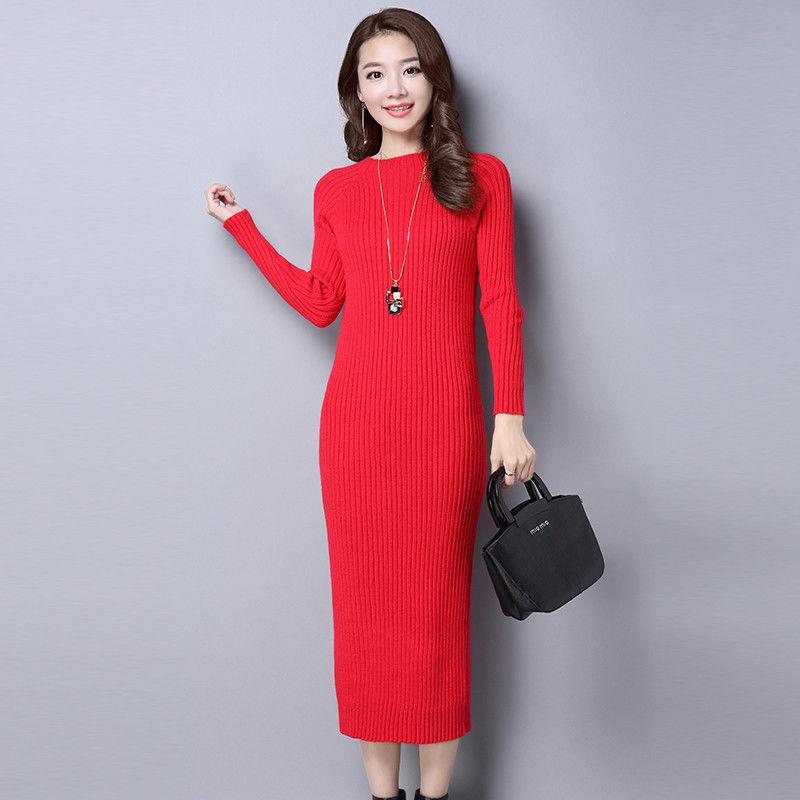 Pofulove Long Hip Knit Dress Over-The-Knee Sweater Dress Women's Half-High-Neck Slim Fit Thickened