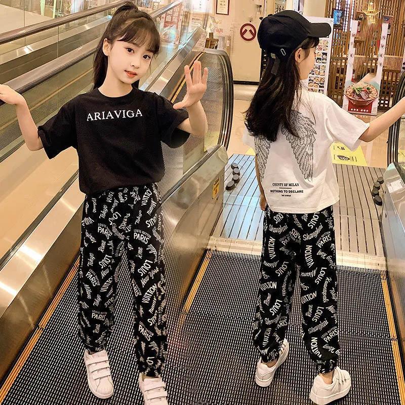 Girls Summer Suit Short Sleeve Anti-mosquito Pants Wing Print Pattern Comfortable Breathable Cool Two-piece Set