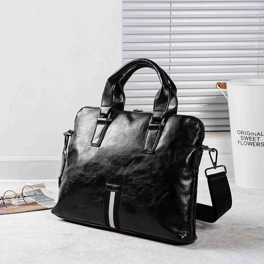 Business Briefcase Men Black Striped PU Leather Handbag Shoulder Diagonal Computer Bag