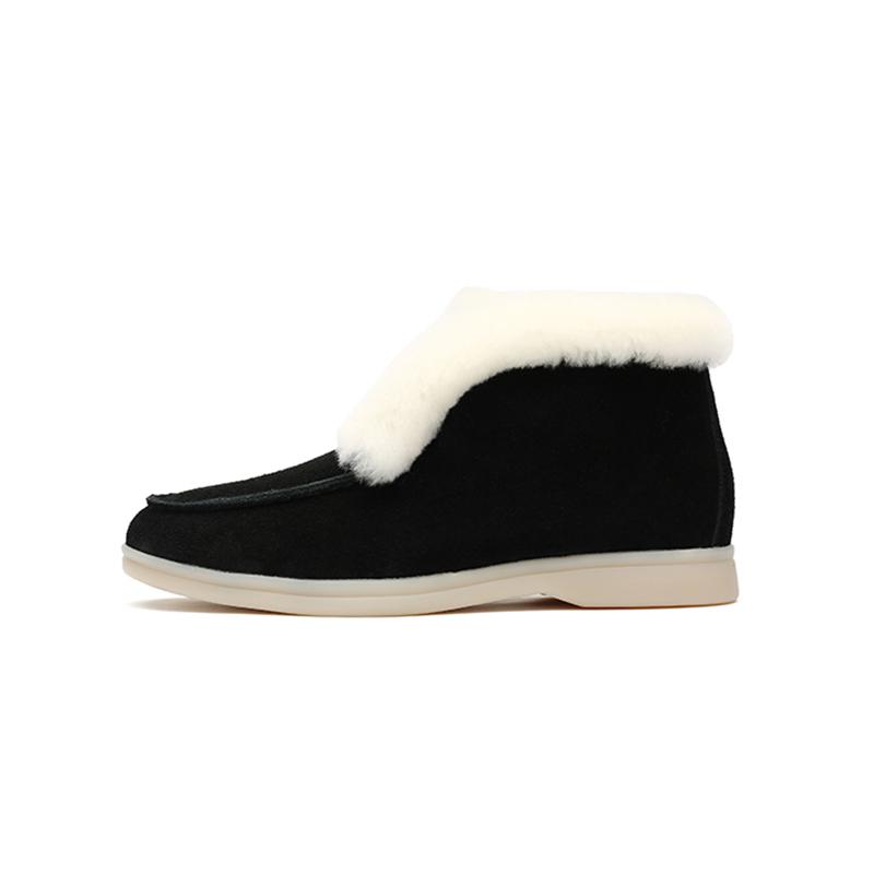 Women's Ankle Boots Mid-tube Flat Snow Boots Winter Warm Shoes Round Toe Suede Wool Blend Short Boots Low Heel Non-slip Solid Slip On Flat Shoes