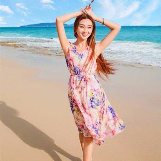 Fashion Bohemia Chiffon Printed Dress Midi V-neck Travel Vacation Beach Dress Sleeveless Sundress
