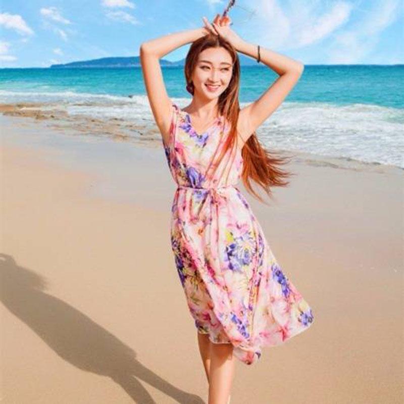 Fashion Bohemia Chiffon Printed Dress Midi V-neck Travel Vacation  Beach Dress Sleeveless Sundress