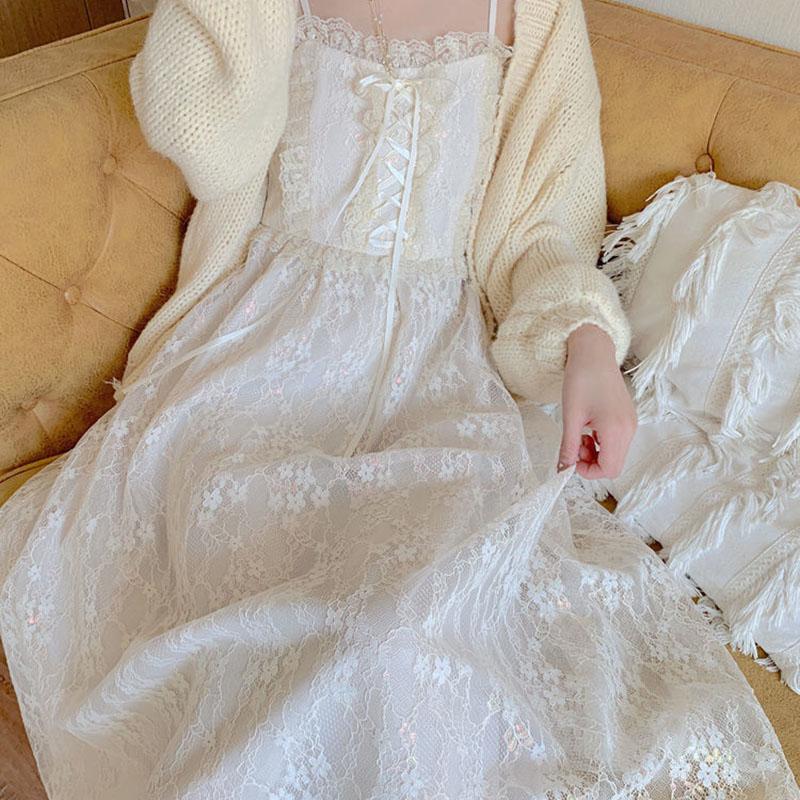 Summer Glitter First Love Long Skirt Female French Mid-length Lace Suspender Dress Little Fairy Temperament