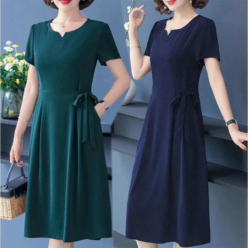 Middle-aged Female Mother Cotton Skirt Summer Dress Short-sleeved Temperament Dress Casual Breathable Perspiration