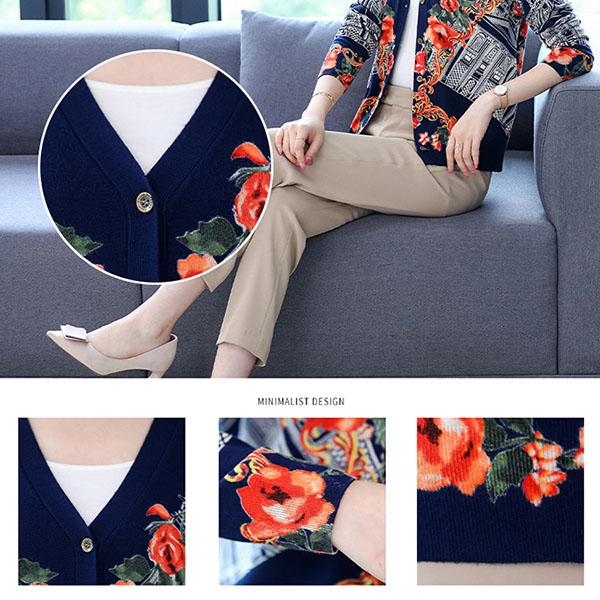 Women's  Print Cardigan Autumn and Winter Retro Loose Wool Sweater Plus Size Short Cardigan Sweater