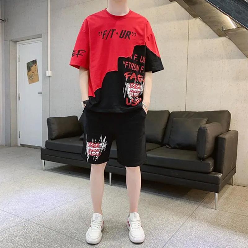 Summer Men's Contrast Color Short-sleeved T-shirt Sports Casual Suit Trendy Casual Five-point Shorts Handsome Summer