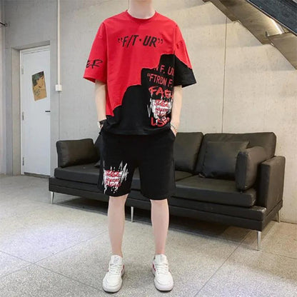 Summer Men's Contrast Color Short-sleeved T-shirt Sports Casual Suit Trendy Casual Five-point Shorts Handsome Summer