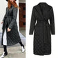 Long Straight Winter Coat with Rhombus Pattern Casual Sashes Women Parkas Deep Pockets Tailored Collar Stylish Outerwear