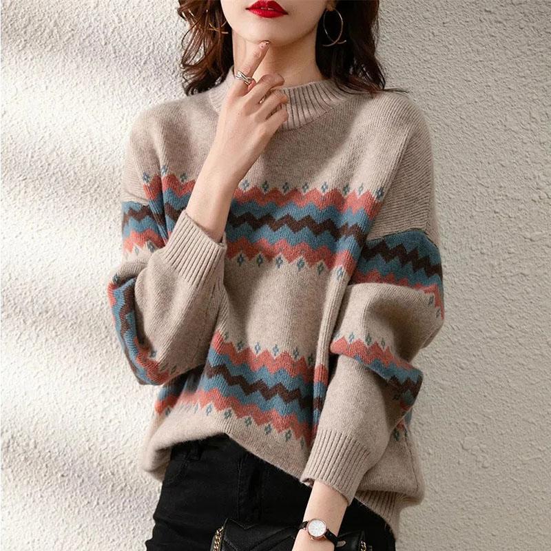 Sweater Women's Pullover Color Striped Knitwear Korean Loose Top Trending Sweater Autumn and Winter Fluffy Lazy Style