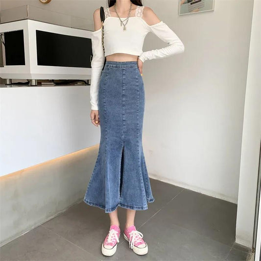 Fishtail Jeans Skirt Women's Summer Niche Slit A-line Skirt Ruffled Denim Midi Skirt High Waist Sexy Tight Denim Jeans Skirt