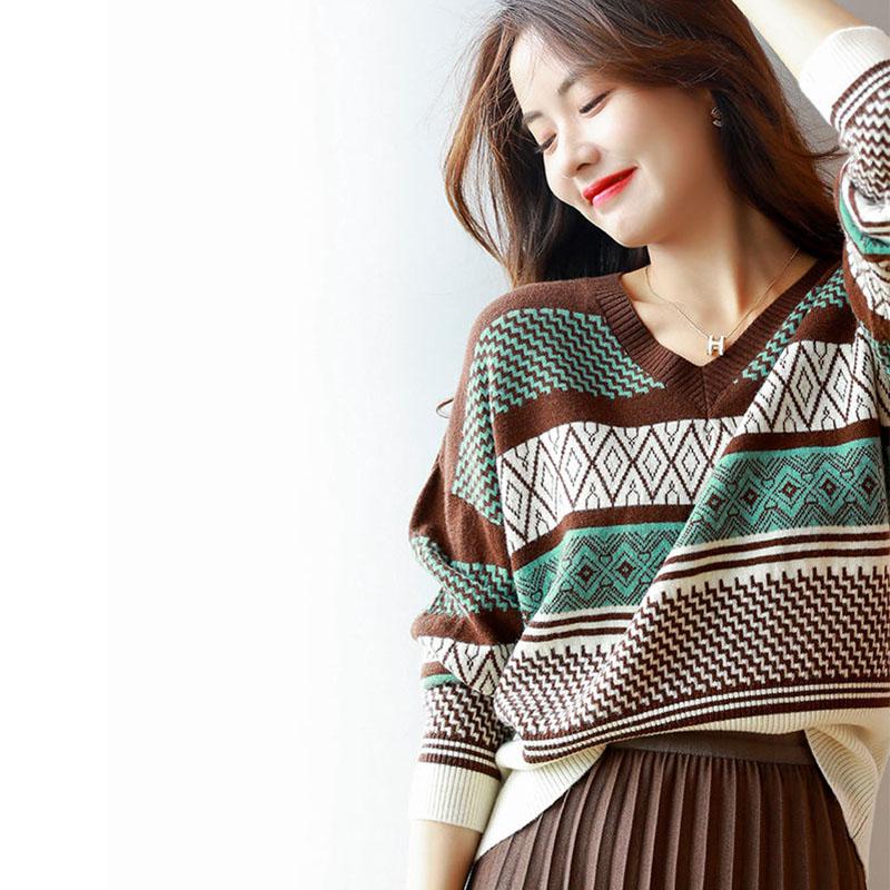Sweater Women Stitching Printing V-neck Pullover Knitwear Korean Loose Fluffy Top Striped Sweater Autumn and Winter Fashion