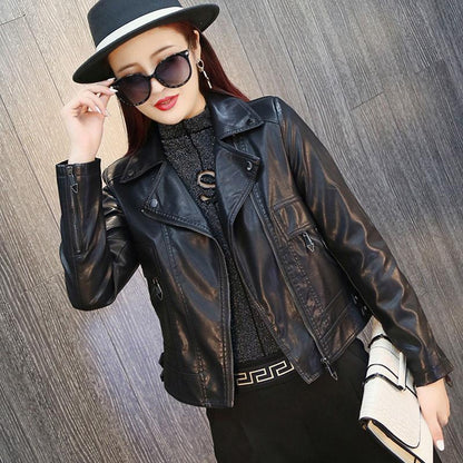 Short Women's Leather Jacket Autumn and Winter Large Size Washed Ladies Pu Leather Jacket Motorcycle Leather Jacket
