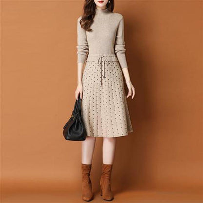 Winter Knit Dress Long Sleeve Slim Fit Polka Dot Sweater Dress Lady Ladies Warm Long Skirt