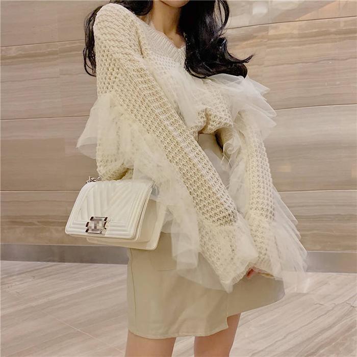 Women Black Sexy V-neck Lace Pullover Sweater Wild Thin Skinny Knitted Bottoming Shirt Coat