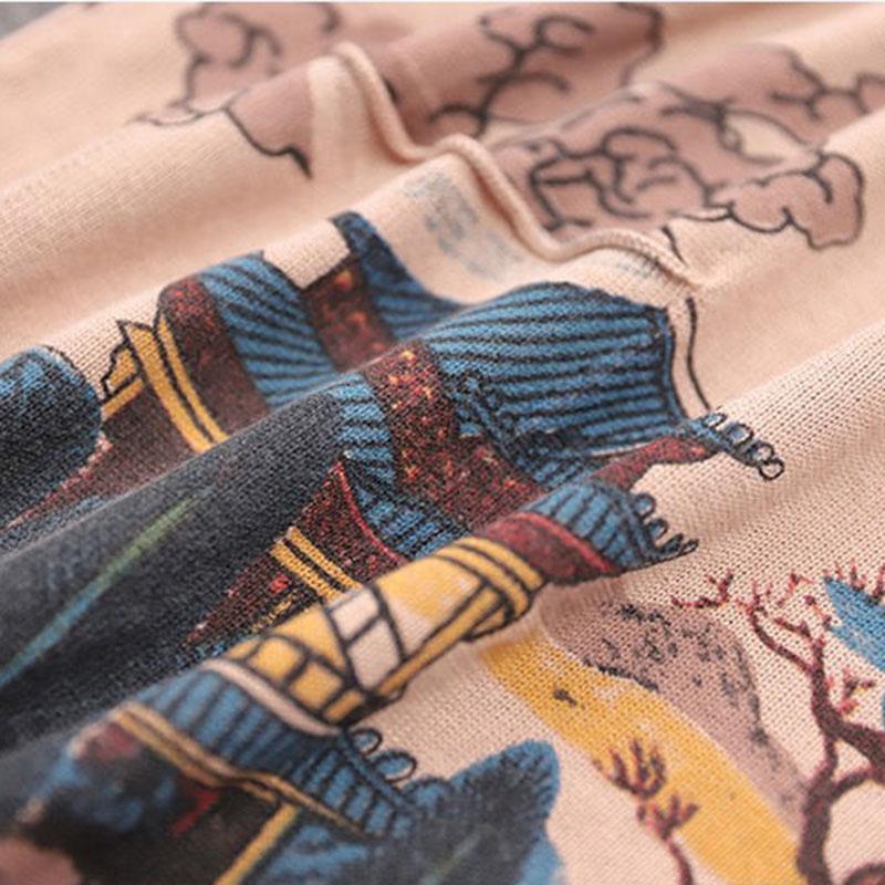 Vintage  Literary Print Long-sleeved Sweater Women Fall/winter Oversized Knit Sweater Outwear  Pullover Jumper Top with Pocket