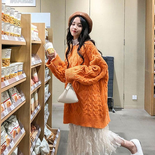 Autumn and Winter Loose Jacket Korean Fashion Casual Sweater Mid-length Round Neck Female Student Top