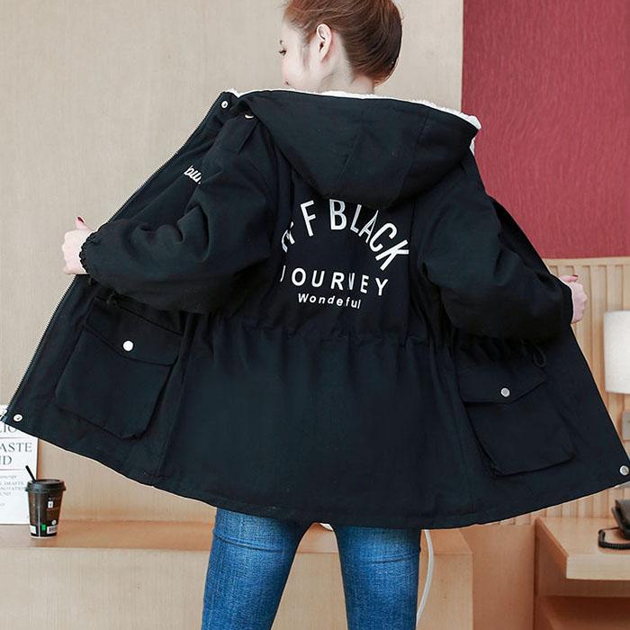 Autumn Winter Women Hooded Parka Jacket Short Thickened  Casual Loose Drawstring Windbreaker Jacket Plus Velvet Parka Coat