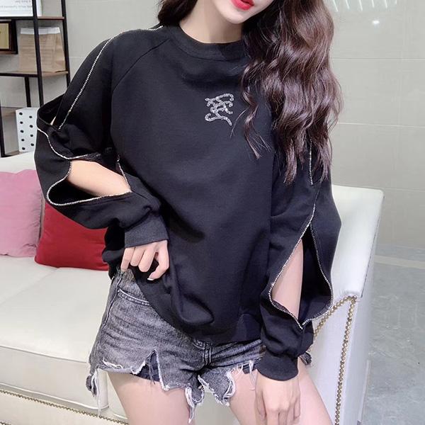 Women's Loose Fashion Sweater Spring and Autumn Hollow Beaded Jacket Off-shoulder Thin Top