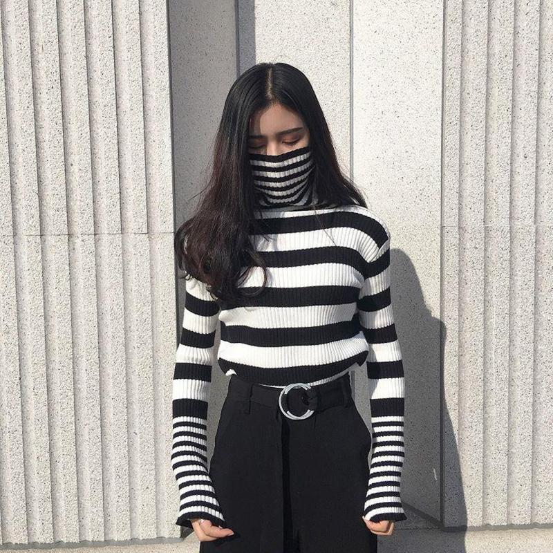Sweater Women's Turtleneck Knitwear Black and White Striped Pullover Korean Slim Top Trendy Sweater Autumn and Winter Fashion