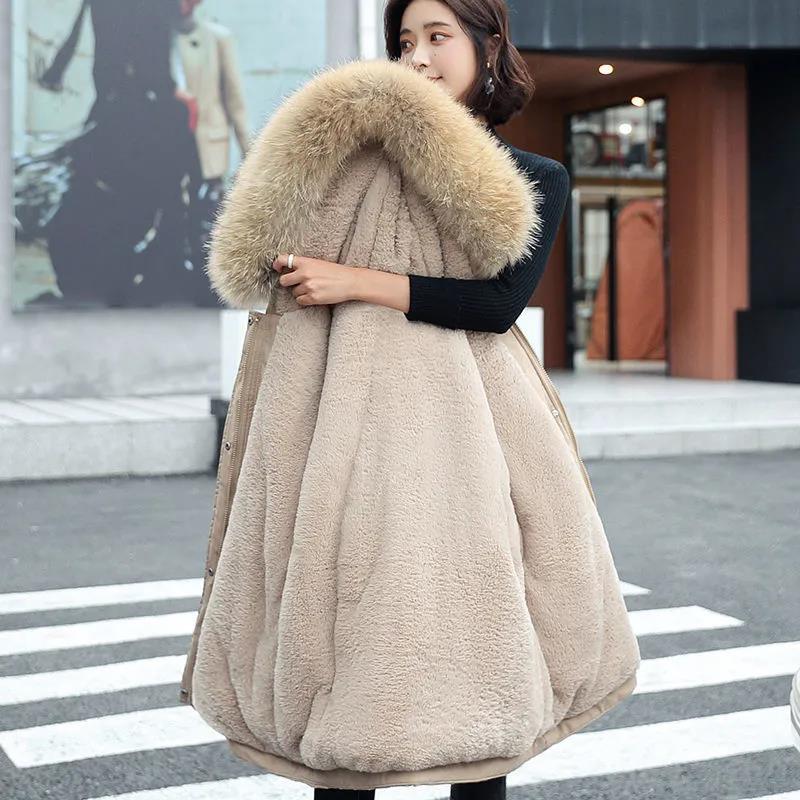 Parker Down Padded Jacket with Faux Fur Collar Mid-length Hooded Loose and Warm Winter Plus Velvet Thick Coat Is Soft and Comfortable
