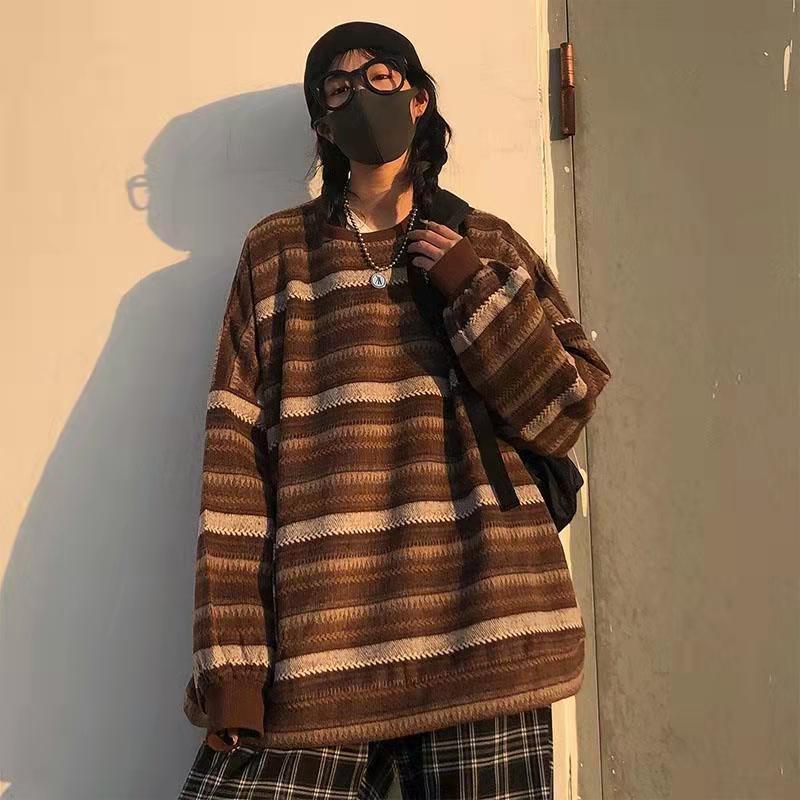 Unisex Women Striped Knit Sweater Spring Autumn Retro Hip Hop Pullovers Tops Female Oversize Ulzzang BF Couples Japanese
