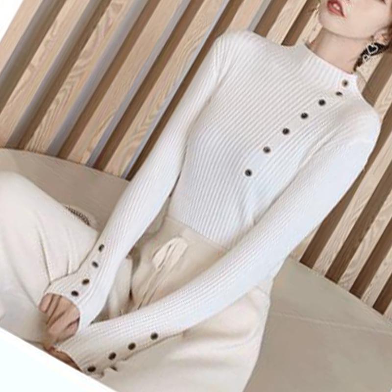 Long-sleeved Casual Bottoming Sweater Women's Spring and Autumn Thin Slim Half Turtleneck Buttoned Sweater Short Style Top