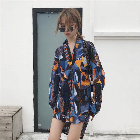 Geometric Print Women Dress Girl Loose O-Neck Casual Long T-shirt Dress Loose Home Comfort Outer Convenient