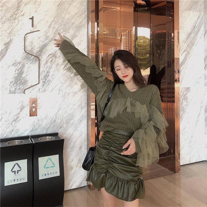 Women Black Sexy V-neck Lace Pullover Sweater Wild Thin Skinny Knitted Bottoming Shirt Coat