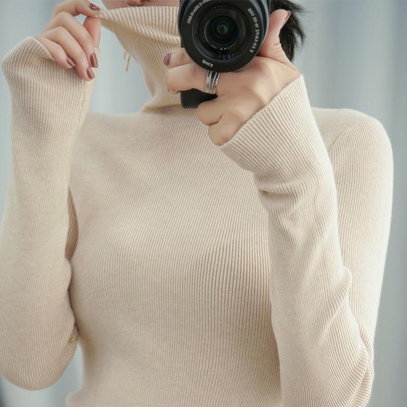 Autumn and Winter New Pile High-neck Woolen  Ladies Slim Tight-fitting Long-sleeved Sweater Base Sweater