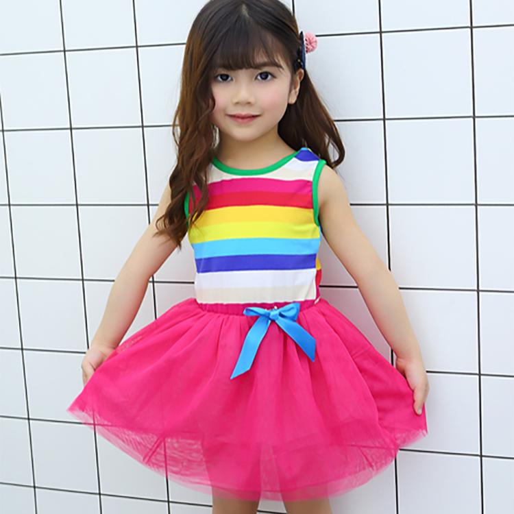 Girls Kids Rainbow Striped Tutu Dress Princess Sleeveless Mesh Dresses Summer Casual