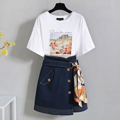 Pofulove Summer tops skirt 2 Piece Set Women printed T Shirt Irregular Skirt 2 Piece Set outfits