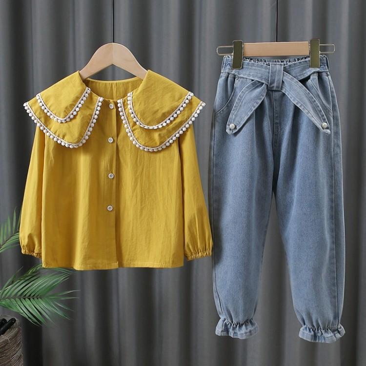 Girls' Suits Spring and Autumn Clothes Autumn Clothes Shirts Denim Long Pants Children's Clothes Big Children's Autumn