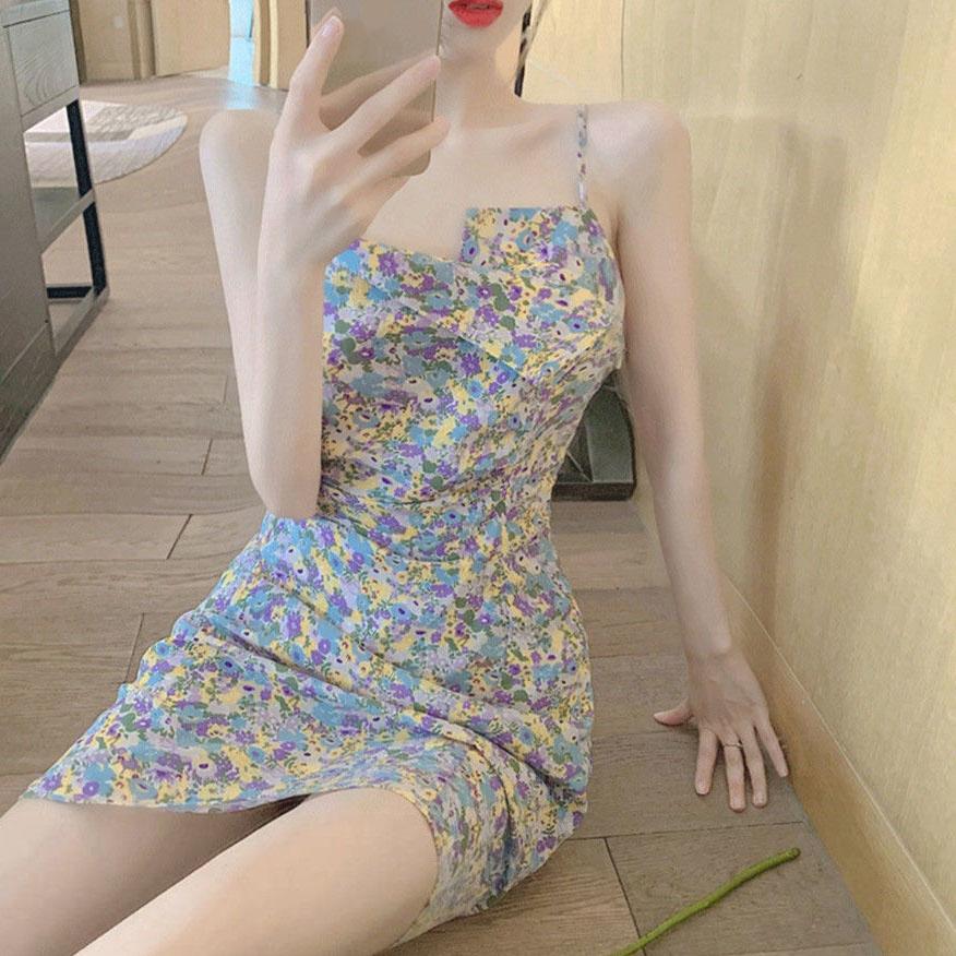 Women's Summer Simple Elegant Irregular Waist Thin Splicing Sweet Fresh Sling Party Floral Dress