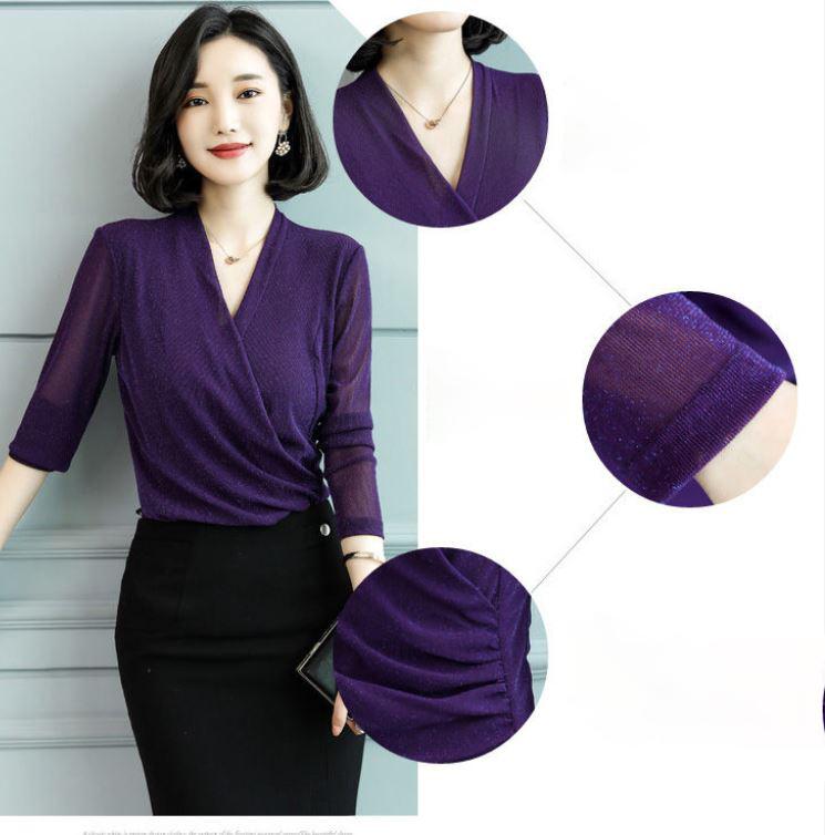 Mesh Bottoming Shirt Ladies Spring V-Neck Pullover Long Sleeve T-Shirt Slim Fit Slim Large Size Top