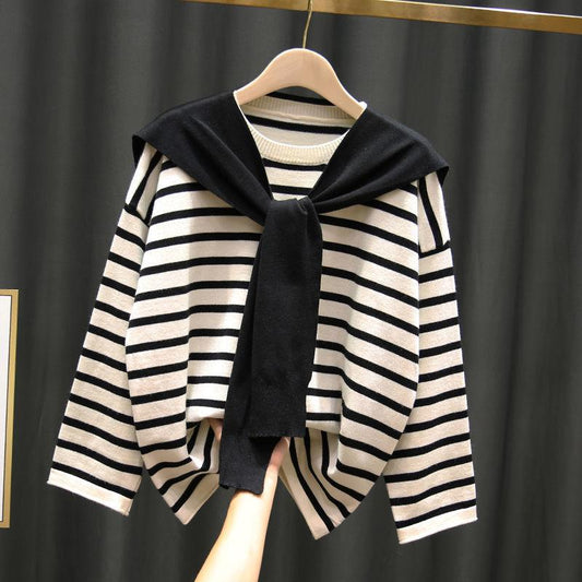 Striped Sweater Autumn Winter Shawl Loose Outer Wear Bottoming Shirt Ladies Sweater Pullover Top Knitted