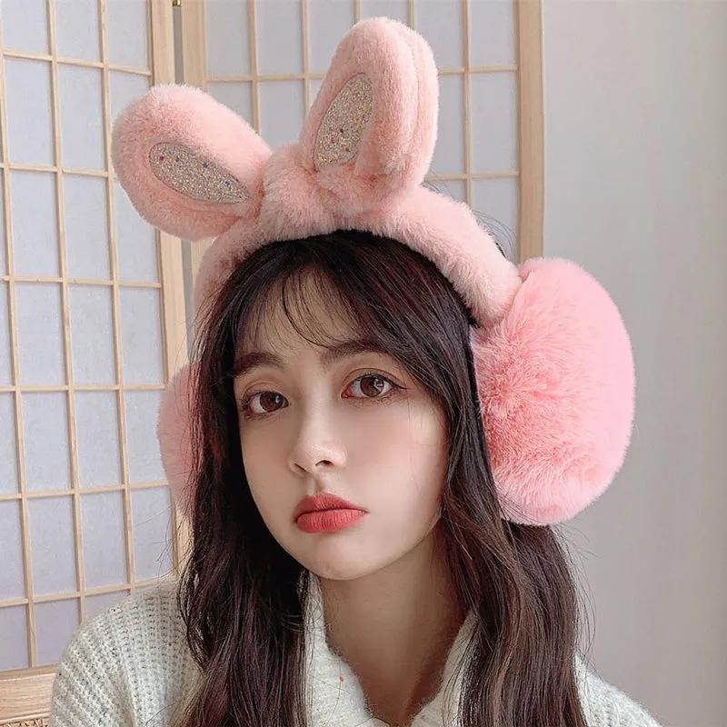Women's Winter Soft Cute Rabbit Ear Bowknot Sequins Earmuffs Warm Cycling Ear Protection Windproof Antifreeze Plush Ear Pad Cover Rabbit Ears Earflap