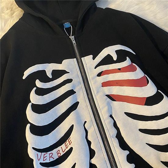 Zipper Harajuku Korean Loose Skull Printed Gothic Long Sleeve Hooded Jacket Solid Color Retro Shirt Student Unisex Top
