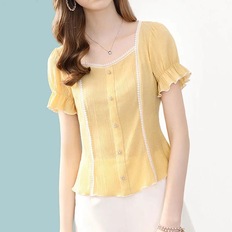 Women's Summer Square Neck Top Loose Chiffon Puff Sleeves