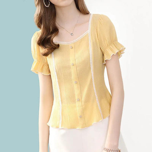 Women's Summer Square Neck Top Loose Chiffon Puff Sleeves