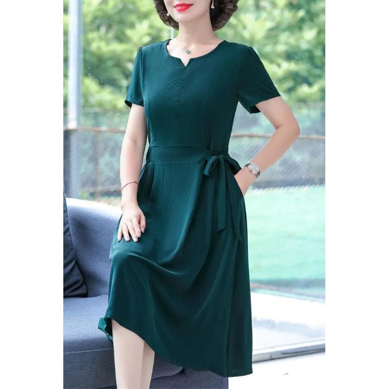 Middle-aged Female Mother Cotton Skirt Summer Dress Short-sleeved Temperament Dress Casual Breathable Perspiration