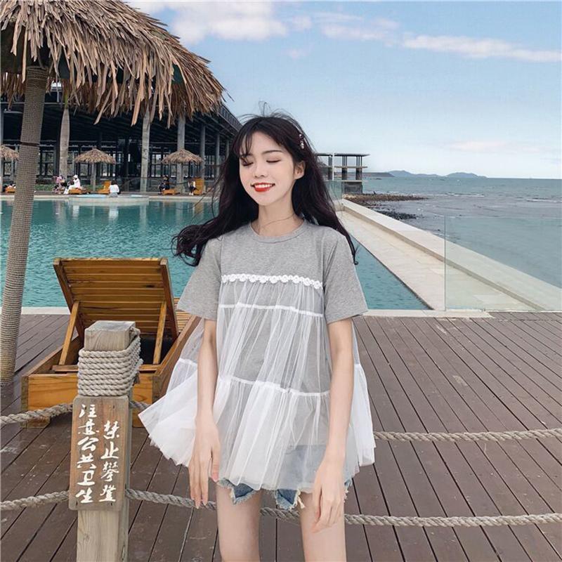 Short-sleeved Female Student Korean Loose T-shirt Summer Sweet Stitching Mesh T-shirt Round Neck Girlfriends Outfit
