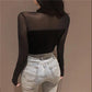 Sexy Women Long Sleeve See-through Translucent Sheer O-Neck Blouse Elegant Streetwear Lace Tops Casual Female Pullover