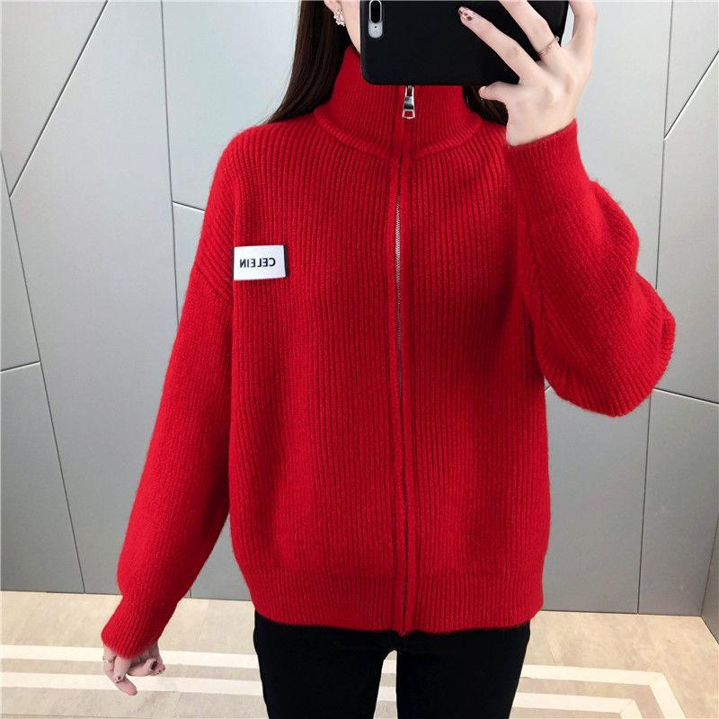 Stand Collar Women's Cardigan Sweater Short Jacket Knit Top Spring Autumn Solid Color Loose Sweater Outer Wear