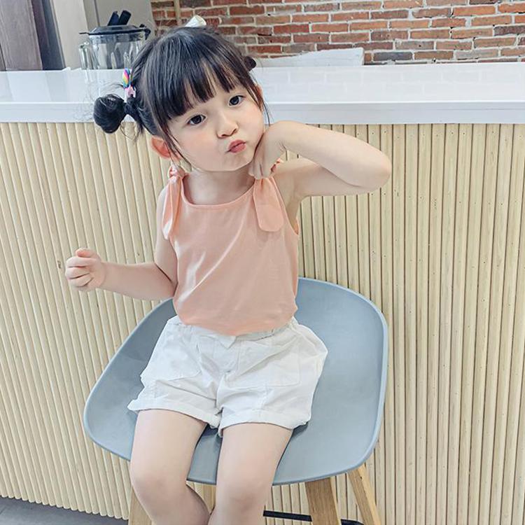 Summer Kids Cute Solid Vest Sleeveless Bow Tops Korean Style Slash Neck Loose Camisole Inside Out for Children Girls