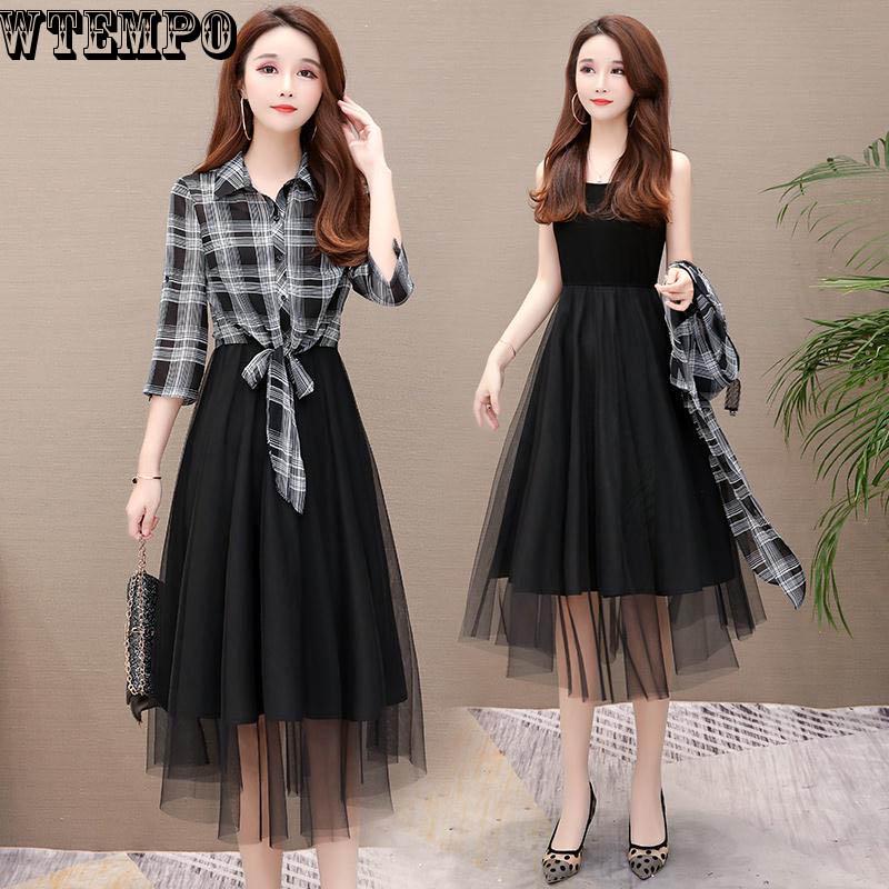 Dress Plaid Shirt Mesh Bottoming Skirt Suit Dress Female