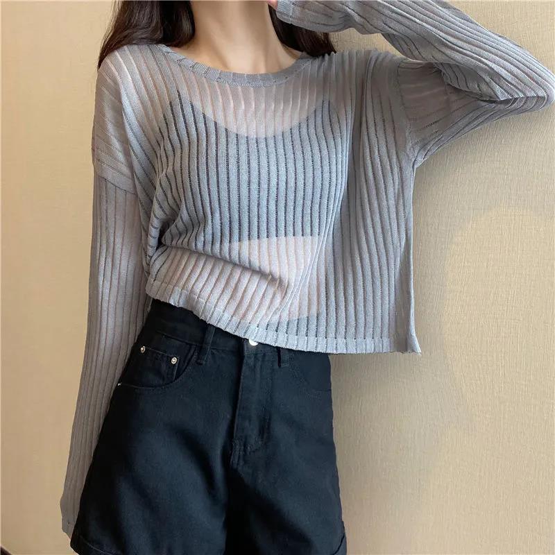 Loose and Thin Long-sleeved Hollow Knitted Sweater Women's All-match Sunscreen Shirt Top Sexy See-through Dress